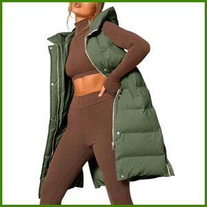 Down Vest with Stand Collar Hooded Sleeveless Long Jacket